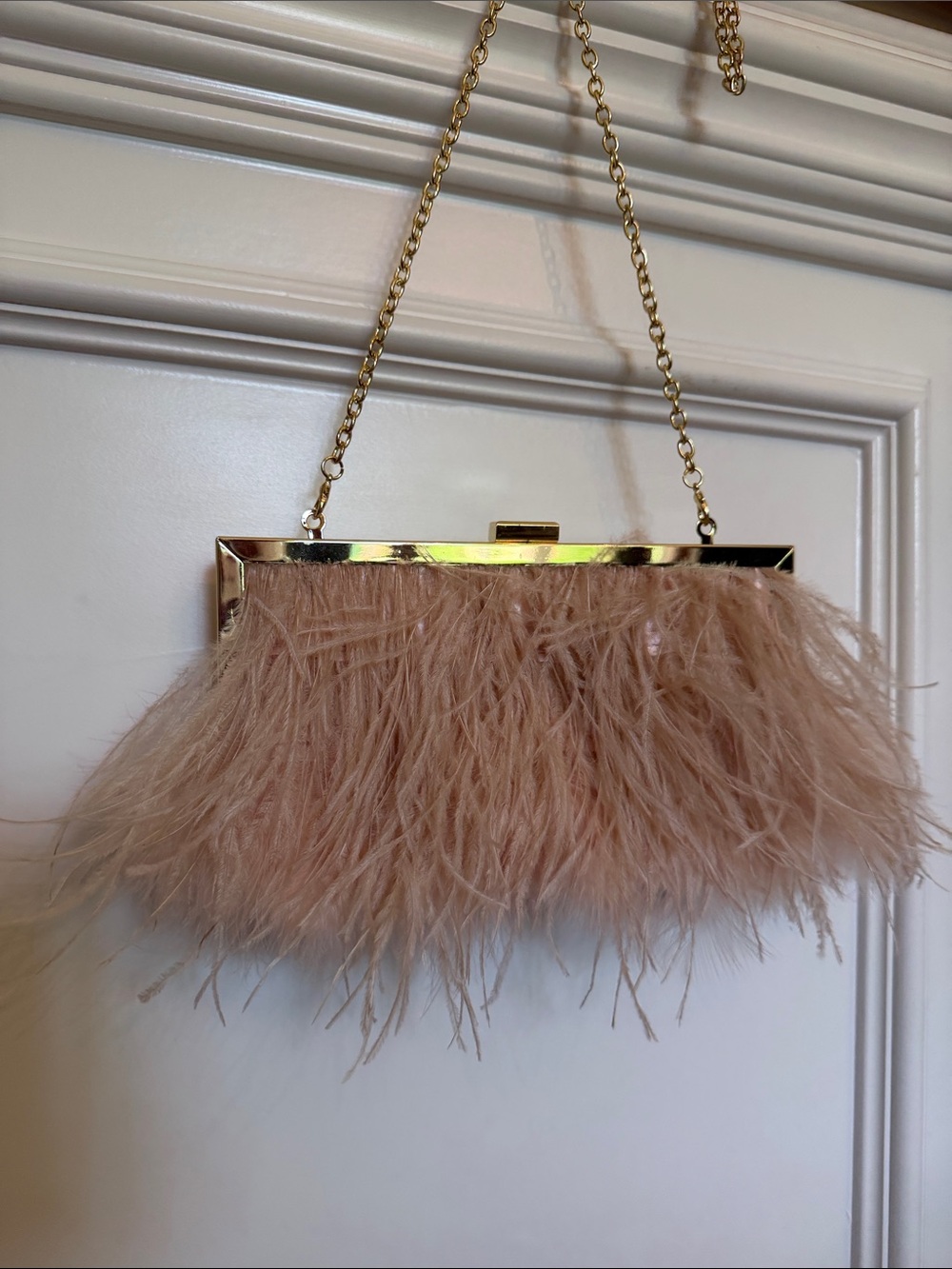 Charming Charlie Feather-Trim Clutch in Blush